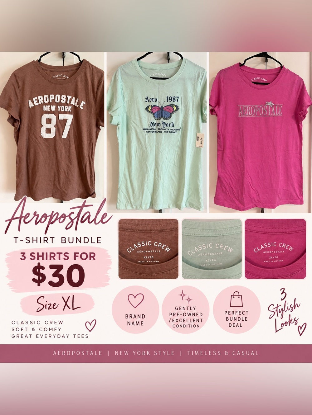 Aeropostale women T-Shirt Bundle - Brown, Mint, Pink (Size XL)